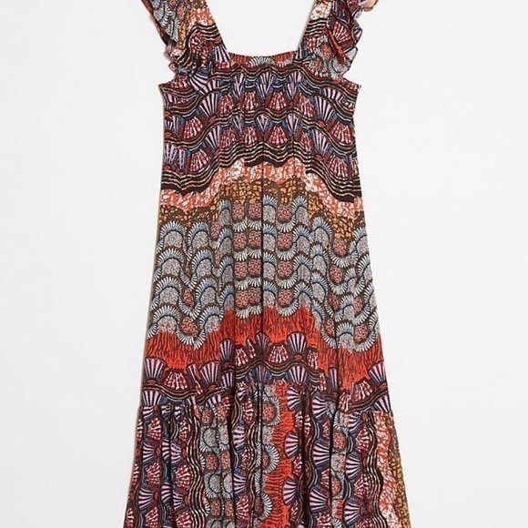 Corey Lynn Calter Anthropologie Doriane Midi Dress Abstract Pattern Ruffle XS - Picture 3 of 10